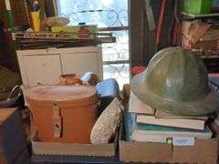 Vintage BF McDonnell hard hat, Wesco 7 x 50 binoculars in case, car manuals and misc.
