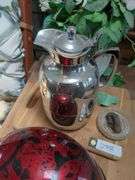 2 Wooden cutting boards, bike helmet, Alphi western Germany chrome insulated coffee pitcher, vase
