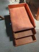 Wooden 3 drawer sliding file, 2 decorative metal stands, large metal vase