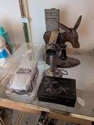 Toy candlestick phone w/ ringer, 1957 Corvette replica, oriental box w/ lid and inlay design, tin donkey figurine