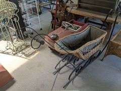 Vintage wrought iron wicker sleigh w/ wood handle