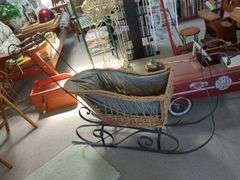 Vintage wrought iron wicker sleigh w/ wood handle