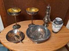 Silver plated items: bowl, 2 goblets, small dish with fork, sugar shaker