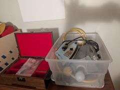 Jewelry box, Electrical cord, flashlight and vintage genral electric iron