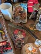 Vintage razor shaving set, howard miller desk clock, Alphonse mucha tray, 1958 snoopy mug and misc