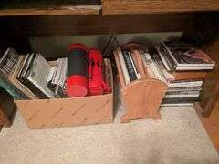 Magazine holder, magazines, books and 2 thermoses