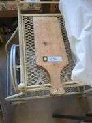 White metal cart, wooden cutting board, and metal table, 3 wall art/stained glass
