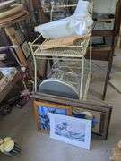 White metal cart, wooden cutting board, and metal table, 3 wall art/stained glass