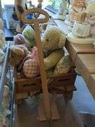 Wooden doll wagon w/ bears and display stand