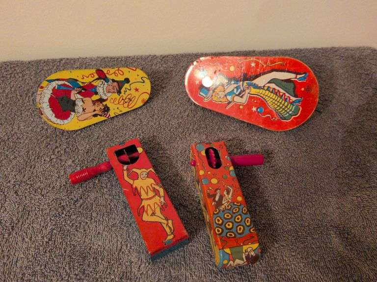4 Antique tin noise makers: Kirchhof, 3 US Metal toy Mfg. image
