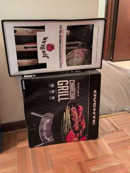 Ovente portable charcoal grill and Jim Beam 3 piece barbecue grill set all new in box image