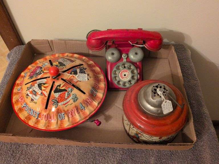 Mattel #467 Pie shaped music box, Gong Bell Mfg Red speed phone and Ohio Art Barrel organ image