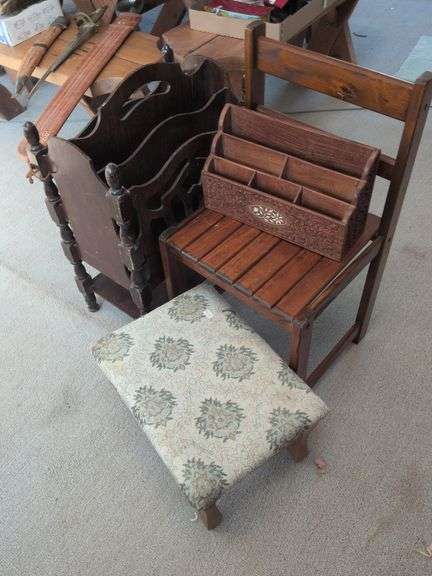 Vintage magazine rack, stool, letter box and chair image