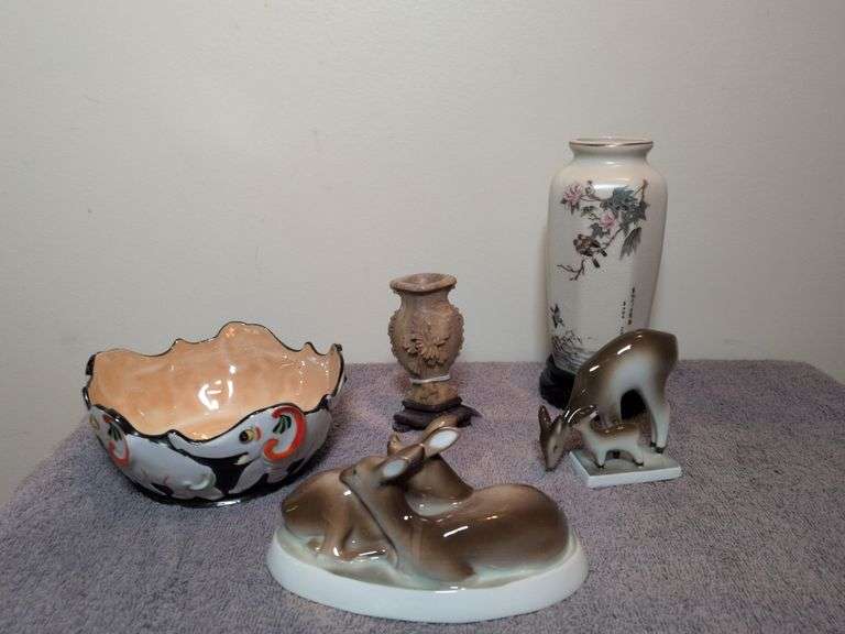 2 vases, bowl and 2 deer sculptures image