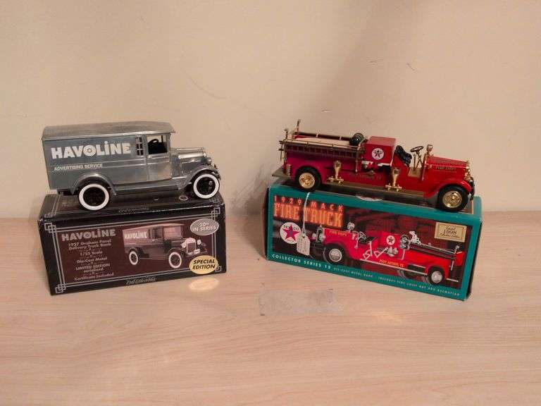 1990s Ertl bank 1929 Mac Firetruck and 2003 RC2 1927 Havoline Graham panel delivery truck special edition image