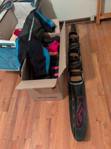 Water ski, Body Glove wet suit and 4 children's life vests image