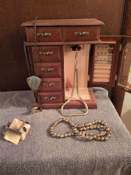 Vintage necklaces, bolo tie, bracelet, jewelry box and banded calcite pyramid image