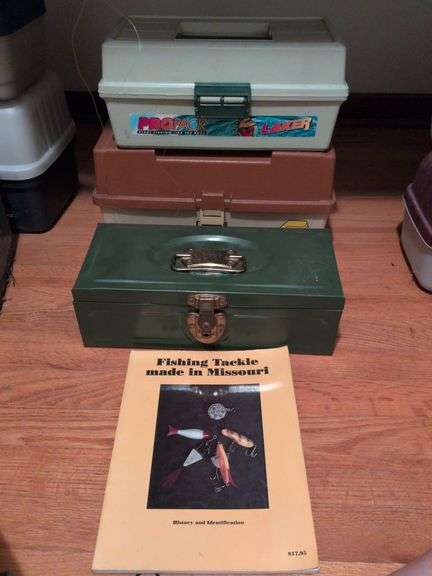 Master tackle box with tackle, Plano tackle box, Laker tackle box and Missouri fishing book image