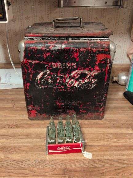 1950s Vintage Coca Cola cooler and  12pk miniature 3" Coca Cola bottles with case image
