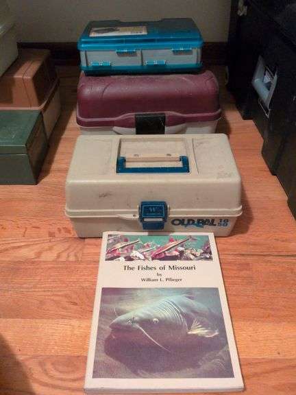 Old Pal tackle box, Plano tackle box with tackle, Flambeau tackle box and Missouri fishing book image