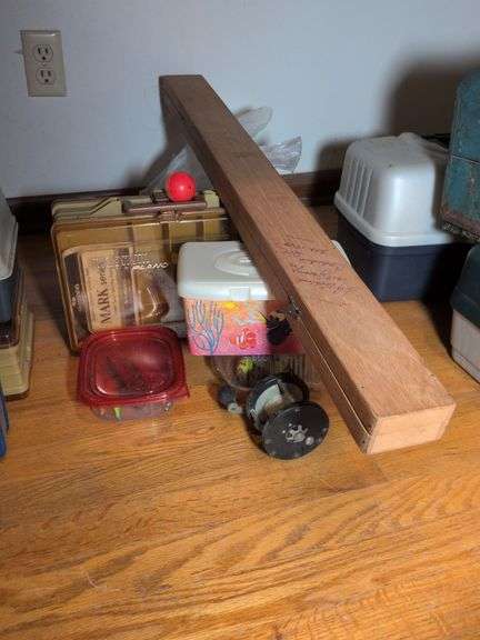 Vintage wooden fly fishing pole in case, Gulf reel, Plano tackle box with tackle and 3 containers with tackle image
