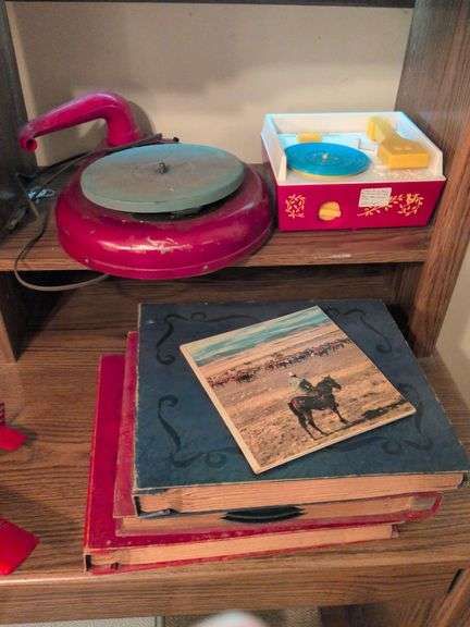 Vintage GE tear drop record player, Fisher Price Music Box record player (5 records) and vintage record collection image
