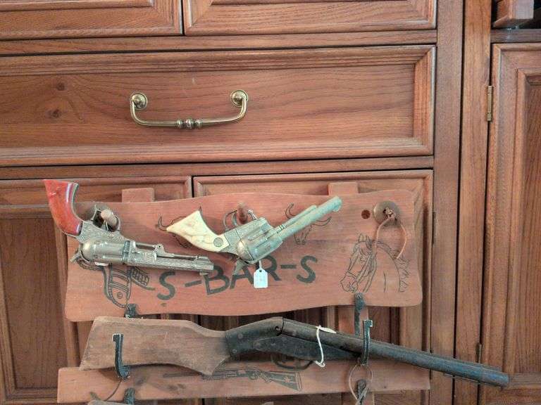 Hubley Pioneer Cap Pistol, Kilgore Ranger Cop Pistol and Wyandotte double barrel cork rifle image