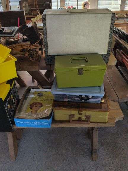 Vintage Royal swing machine #133 in case, 3 sewing accessory boxes with accessories and vintage appliance guides image
