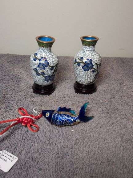 2 matching Cloisonne 3.25" vases w/fish image