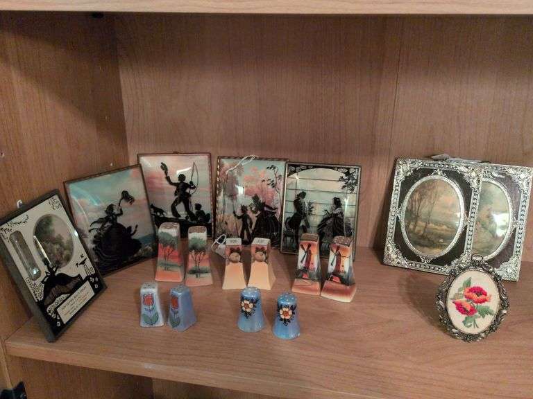 Framed Silhouette thermometer, 4 framed silhouettes, salt and pepper shakers and other misc.decorations image