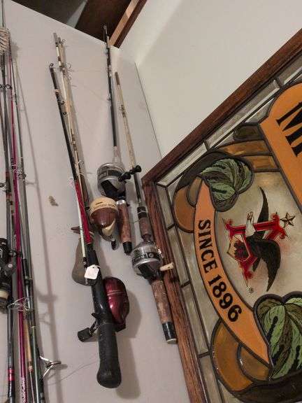 4 fishing poles: Sportsfisher 200, Shakespeare, Zebco 733 and Zebco 33 image