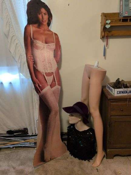 Mannequin torso, legs, vintage sequin shirt and hat, cardboard lady cutout image