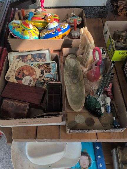 Small wooden boxes, tins, Alphonse Mucha art and books, carved stone and blown glass art image
