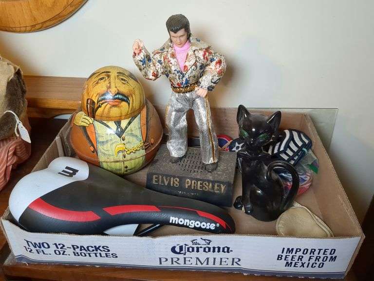 Vintage Elvis Presley radio, Vintage Business man tobacco tin, Mongoose bike seat and misc. image