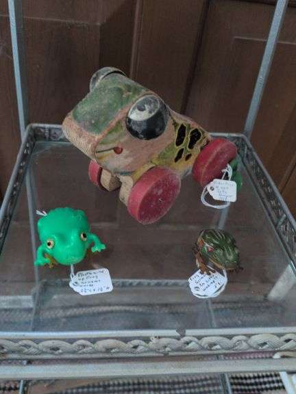 Frogs: Fisher Price #450 Jolly Jumper, tin litho wing up frog and plastic wind up frog image