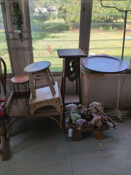 Wooden furniture: side table, foot stool, child stool, wagon and misc. image