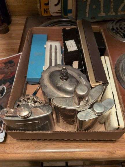 3 Flasks, pens, desk clock, vintage letter openers, jewelry box and misc. image
