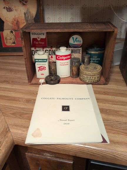 Vintage Colgate bathroom tins, Colgate wooden box and Colgate company annual report image