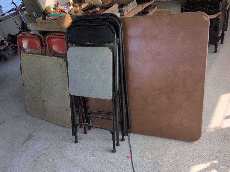 Vintage Samsonite folding table w/3 chairs and child's folding table w/4 chairs image