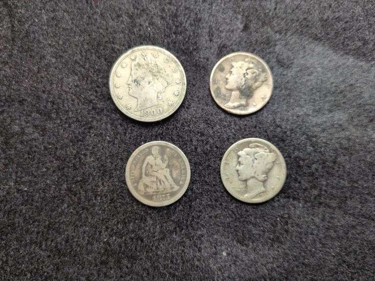 2 Mercury dimes, 1875 Liberty dime, and 1900 Liberty Nickel image