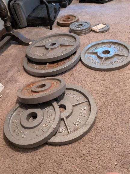 Standard barbell weights, Two 45 lb, two 35 lb, two 25 lb, two 10 lb, four 5 lb and two 2.5 lb image
