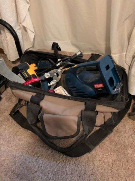Tool bag with Ryobi batteries, charger, small wet/dry vac and misc. image