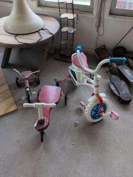 Tricycles: Kiddie car, Roadmaster mini trike, Fisher Price child's bike w/removable training wheels image