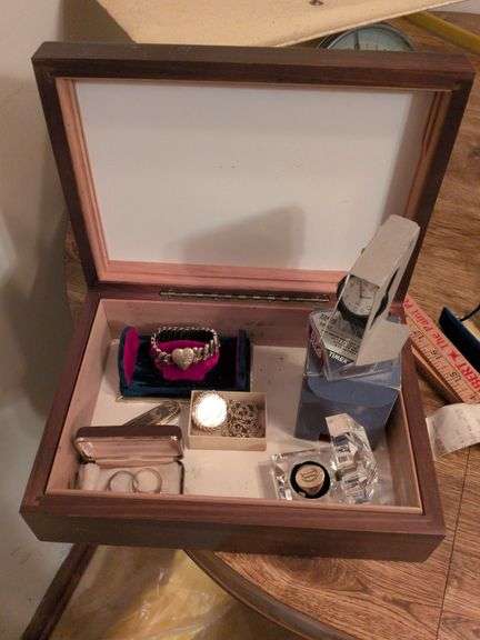 Jewelry in wooden box: rings, bracelet, pocket knife, necklace and watch image