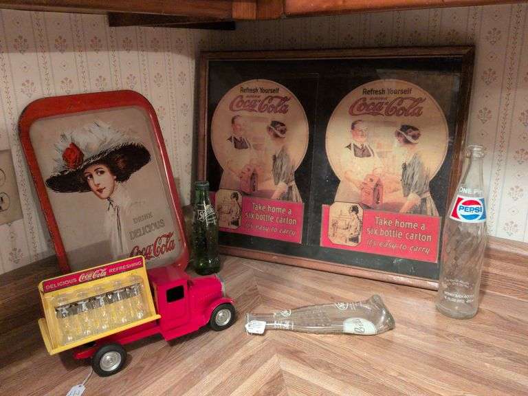 Vintage Soda items: Diecast Coca Cole deliver truck, Pepsi Cola bottle, Nesbitts soda bottle, Coca Cola framed ads and  Coca Cola tray image