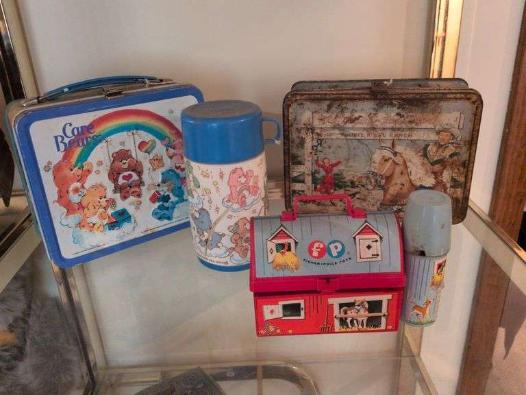 Vintage lunchboxes: Care Bears w/thermos, Roy Rogers and Dale Evans and Fisher Price w/thermos image