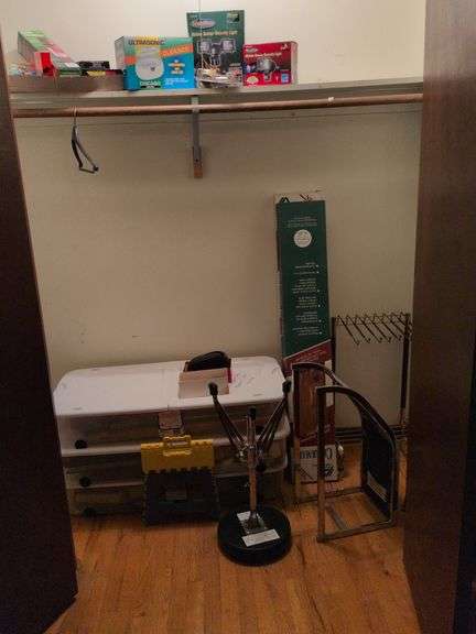 Footstool, drum stool, cedar wood planks, security lights, storage containers, Vintage stethoscope and blood pressure cuff and misc. image