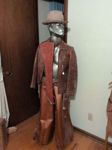 Vintage leather coat, vintage Litwins hat, leather rifle/shotgun scabbard, leather belt w/2 holster and chaps image