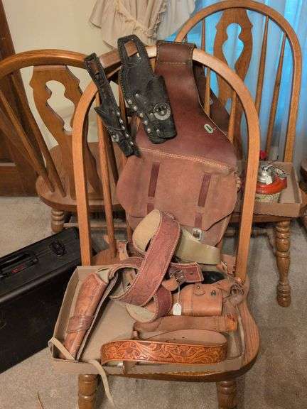 Leather motorcycle saddle bags w/ leather belts and holsters image