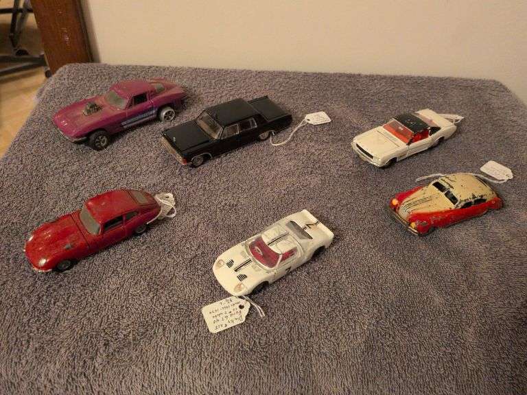 Corgi 335 Jaguar E type 2+2 , Tootsie 1963 Corvette, Dinky #215 Ford GT, Dinky 1965 Frod Mustang Fastback 2+ 2 #161, Vintage Russian CCCP and metal friction car image